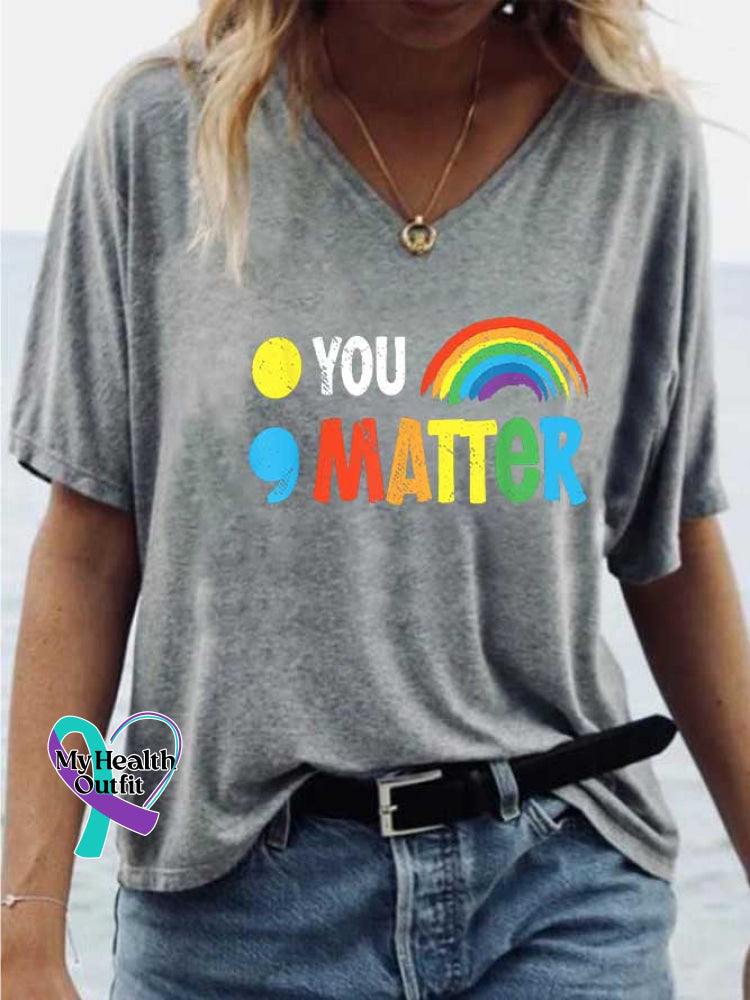 Women’s YOU MATTER Mental Health Awareness V-neck Casual T-Shirt Grey / S
