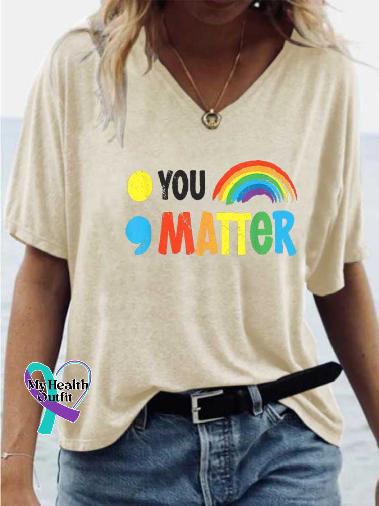 Women’s YOU MATTER Mental Health Awareness V-neck Casual T-Shirt Sand / S