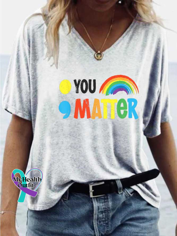 Women’s YOU MATTER Mental Health Awareness V-neck Casual T-Shirt White / S