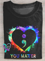 You Matter Colorful Heart Suicide Prevention Awareness Printed Casual Crew Neck Short Sleeve T-Shirt Multicolor / S