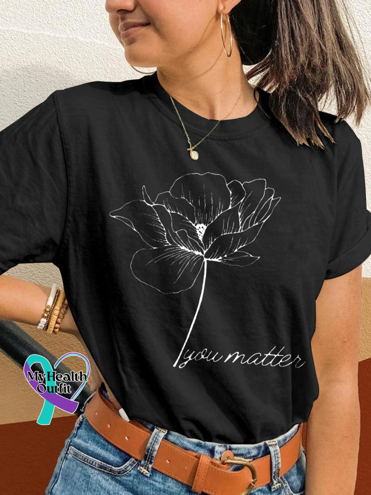 You Matter Floral Print Casual Crew Neck Short Sleeve T-Shirt Black / S