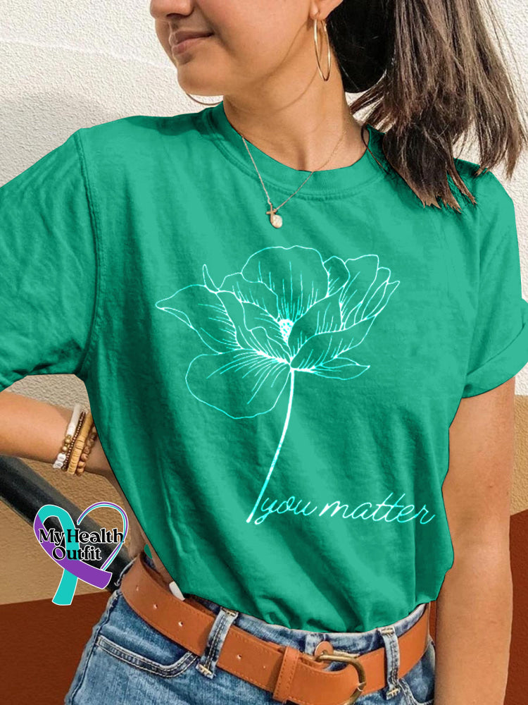 You Matter Floral Print Casual Crew Neck Short Sleeve T-Shirt Green / S