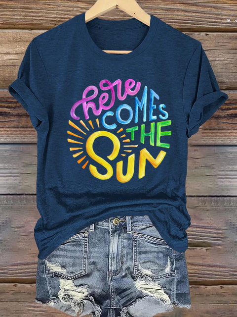 Hello Sun is Coming Round Neck Short Sleeve Casual Sweatshirt