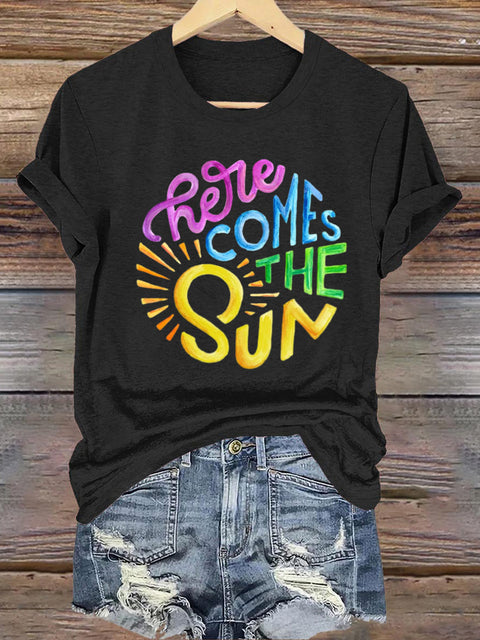 Hello Sun is Coming Round Neck Short Sleeve Casual Sweatshirt