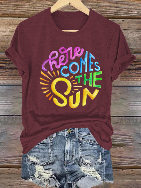 Hello Sun is Coming Round Neck Short Sleeve Casual Sweatshirt