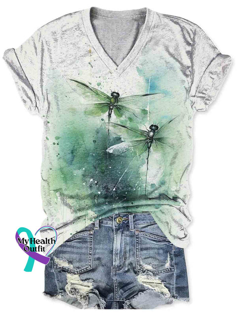 Dragonfly Art V-neck Casual T-Shirt Multicolor / S