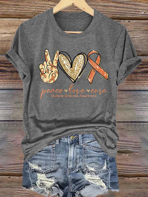 Peace Love Cure Ms Awareness Multiple Sclerosis Warrior Multiple Sclerosis Orange Ribbon T-shirt
