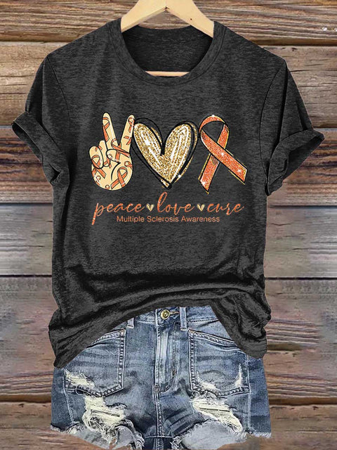 Peace Love Cure Ms Awareness Multiple Sclerosis Warrior Multiple Sclerosis Orange Ribbon T-shirt