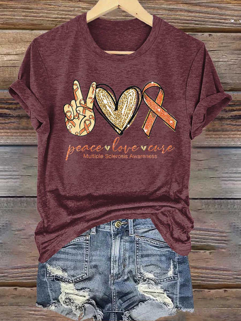 Peace Love Cure Ms Awareness Multiple Sclerosis Warrior Multiple Sclerosis Orange Ribbon T-shirt
