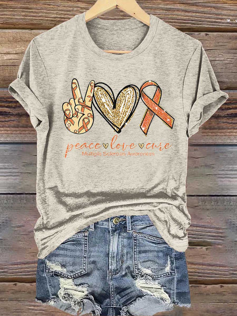 Peace Love Cure Ms Awareness Multiple Sclerosis Warrior Multiple Sclerosis Orange Ribbon T-shirt