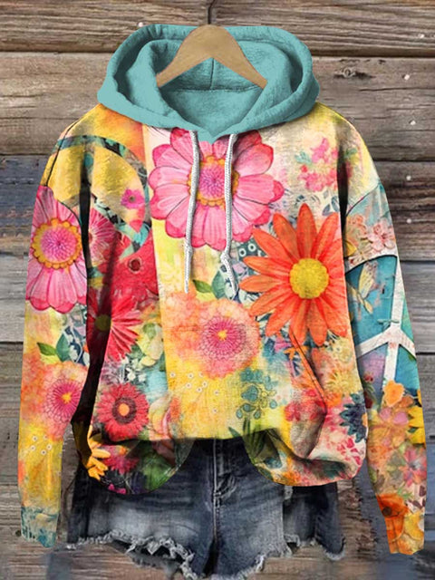 Retro Peace Sign Floral Love and Peace Casual Hoodie Sweatshirt
