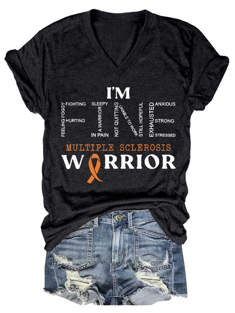 Women's Ms Awareness Multiple Sclerosis Warrior Multiple Sclerosis Orange Ribbon V-neck Casual T-Shirt
