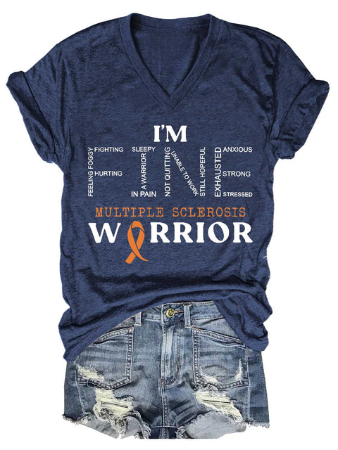 Women's Ms Awareness Multiple Sclerosis Warrior Multiple Sclerosis Orange Ribbon V-neck Casual T-Shirt