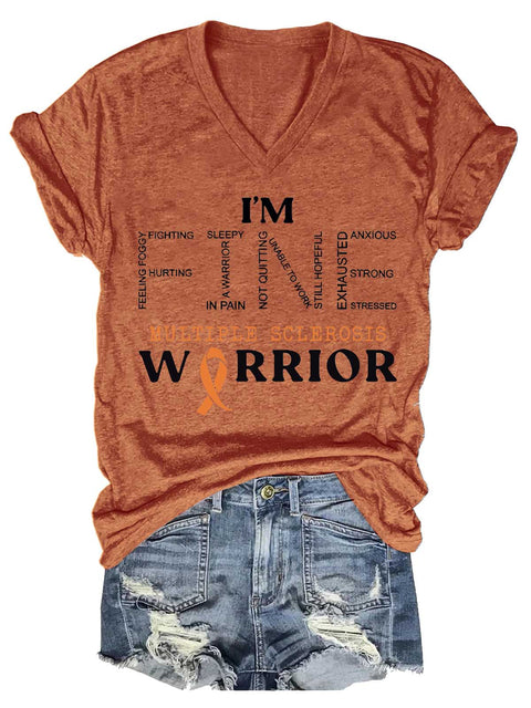 Women's Ms Awareness Multiple Sclerosis Warrior Multiple Sclerosis Orange Ribbon V-neck Casual T-Shirt