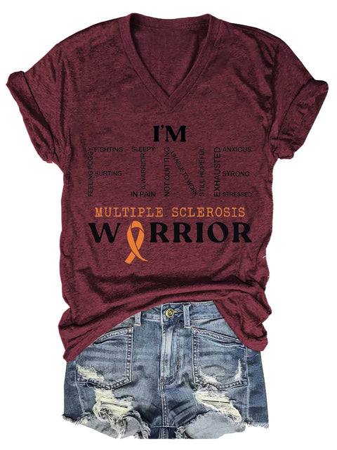Women's Ms Awareness Multiple Sclerosis Warrior Multiple Sclerosis Orange Ribbon V-neck Casual T-Shirt