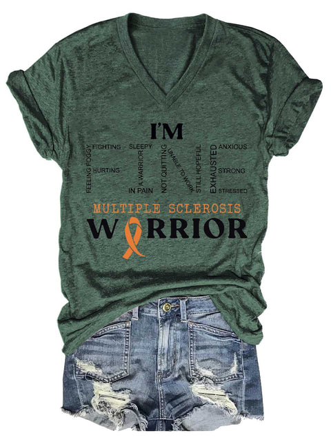 Women's Ms Awareness Multiple Sclerosis Warrior Multiple Sclerosis Orange Ribbon V-neck Casual T-Shirt
