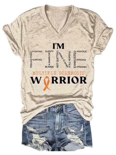 Women's Ms Awareness Multiple Sclerosis Warrior Multiple Sclerosis Orange Ribbon V-neck Casual T-Shirt