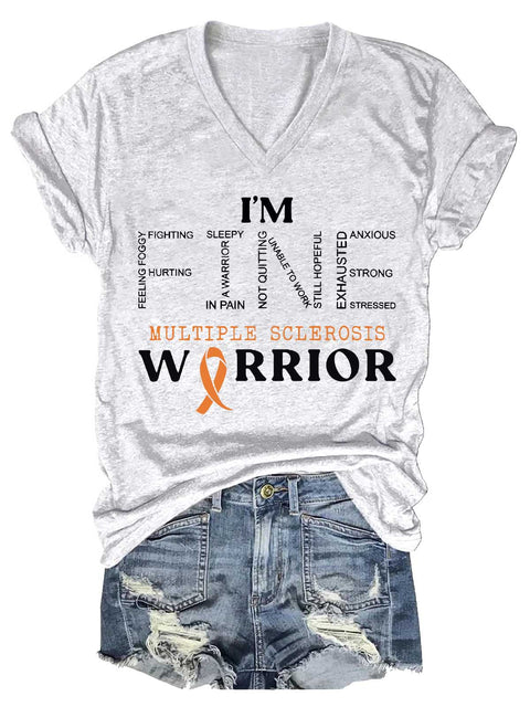 Women's Ms Awareness Multiple Sclerosis Warrior Multiple Sclerosis Orange Ribbon V-neck Casual T-Shirt
