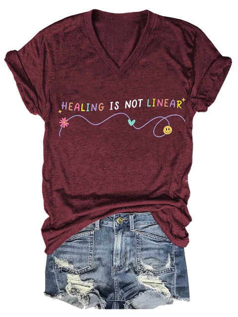 Women's HEALING IS NOT LINEAR Mental Health Awareness V-neck Casual T-Shirt