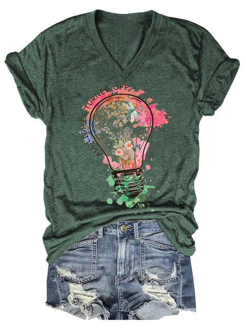 Women's All Lights Turned Off Can Be Turned On Wildflowers Mental Health Matters V-neck Casual T-Shirt