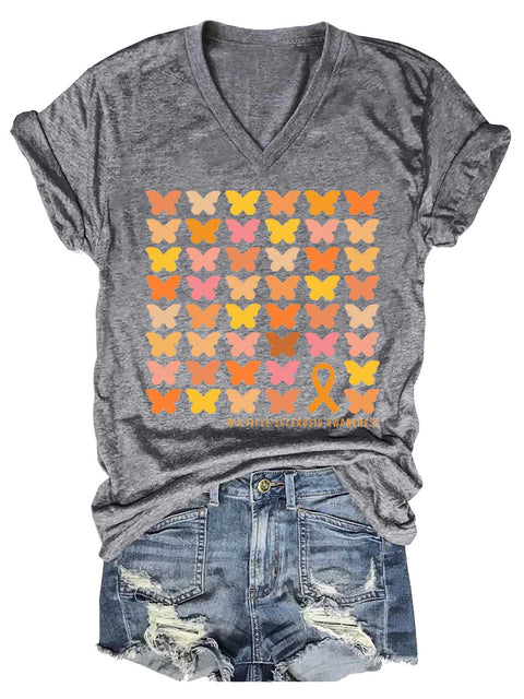Women's Ms Awareness Multiple Sclerosis Warrior Multiple Sclerosis Orange Ribbon V-neck Casual T-Shirt