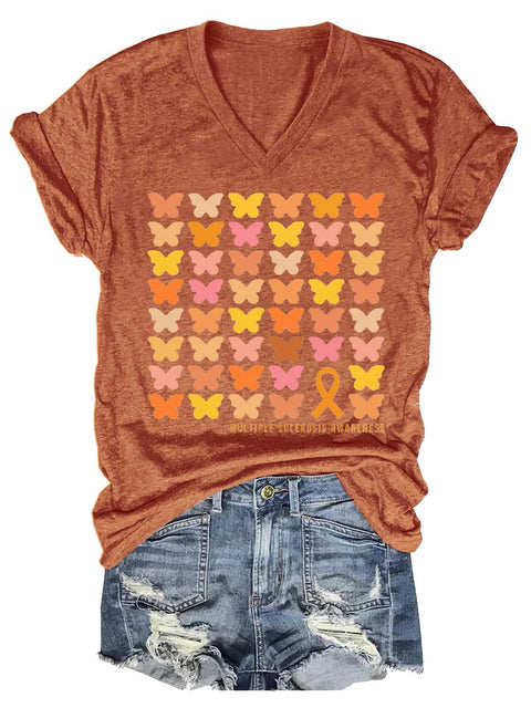 Women's Ms Awareness Multiple Sclerosis Warrior Multiple Sclerosis Orange Ribbon V-neck Casual T-Shirt