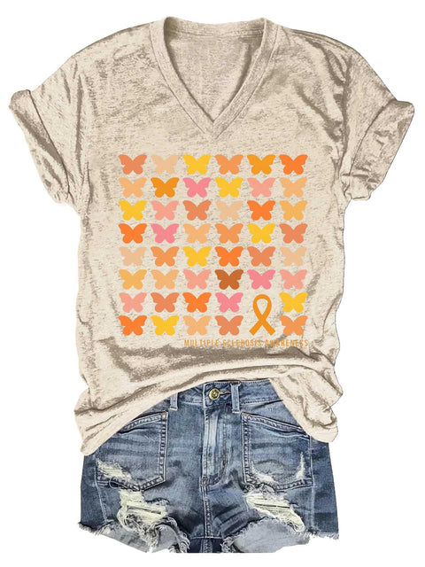 Women's Ms Awareness Multiple Sclerosis Warrior Multiple Sclerosis Orange Ribbon V-neck Casual T-Shirt