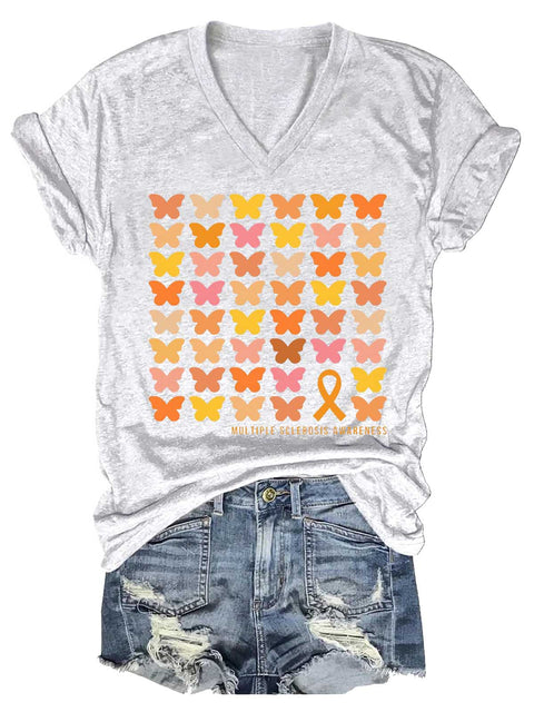 Women's Ms Awareness Multiple Sclerosis Warrior Multiple Sclerosis Orange Ribbon V-neck Casual T-Shirt