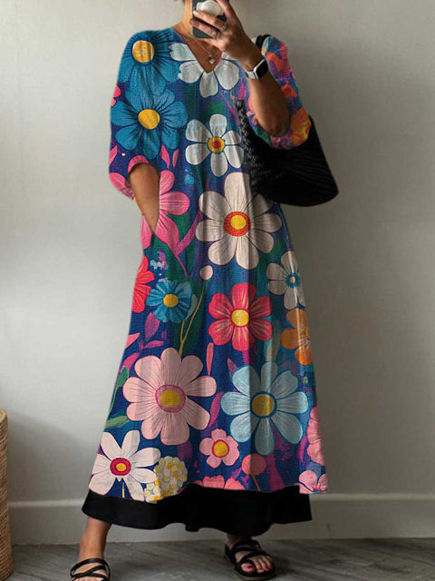 Women's Spring Floral Pattern Print Pocket V-neck Cotton Dress