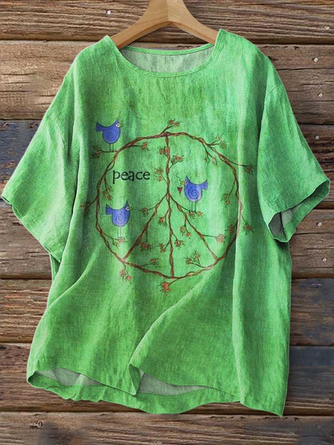 Women's Retro Peace Sign Love and Peace Print Casual Linen Crew Neck Shirt