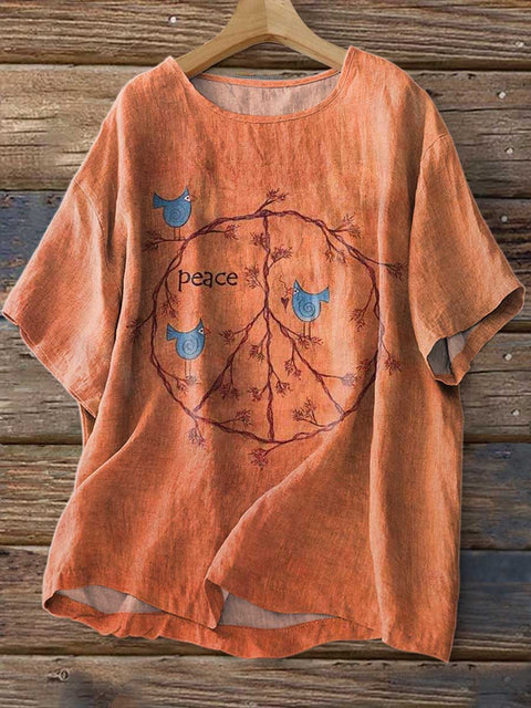 Women's Retro Peace Sign Love and Peace Print Casual Linen Crew Neck Shirt