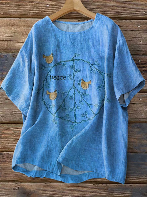 Women's Retro Peace Sign Love and Peace Print Casual Linen Crew Neck Shirt