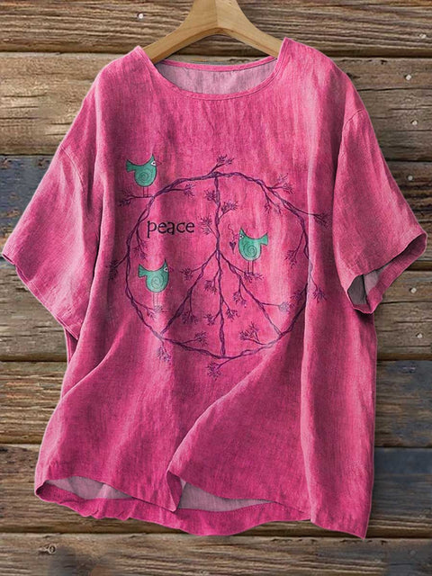 Women's Retro Peace Sign Love and Peace Print Casual Linen Crew Neck Shirt