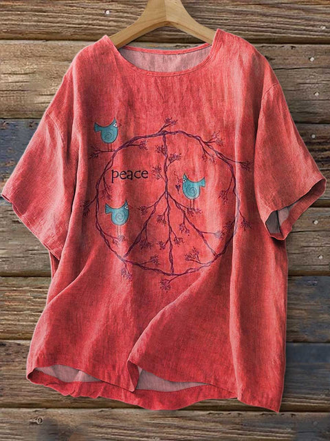 Women's Retro Peace Sign Love and Peace Print Casual Linen Crew Neck Shirt