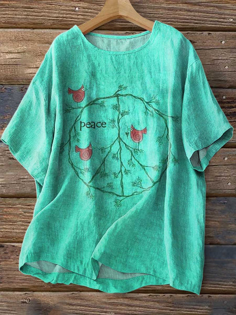 Women's Retro Peace Sign Love and Peace Print Casual Linen Crew Neck Shirt