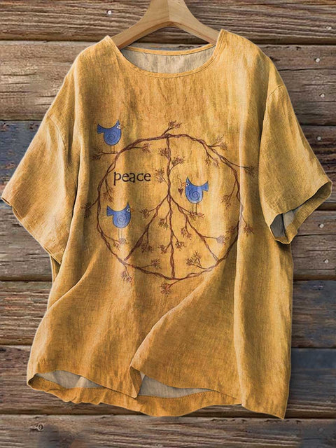 Women's Retro Peace Sign Love and Peace Print Casual Linen Crew Neck Shirt