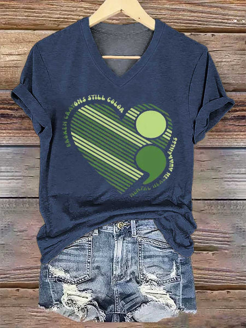 Women's Broken Crayons Still Color Mental Health Awareness V-neck Casual T-Shirt