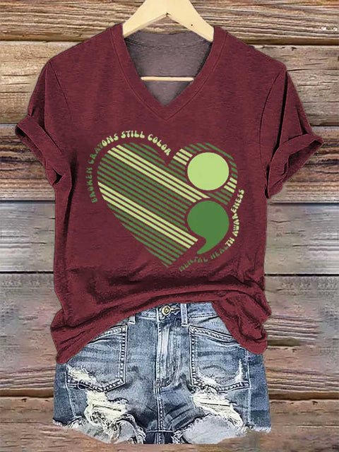 Women's Broken Crayons Still Color Mental Health Awareness V-neck Casual T-Shirt