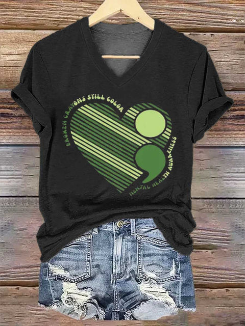 Women's Broken Crayons Still Color Mental Health Awareness V-neck Casual T-Shirt