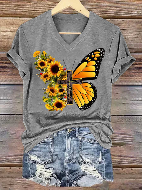 Women's Sunflower Butterfly Faith V-neck Casual T-Shirt