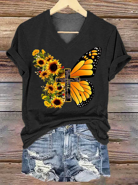 Women's Sunflower Butterfly Faith V-neck Casual T-Shirt