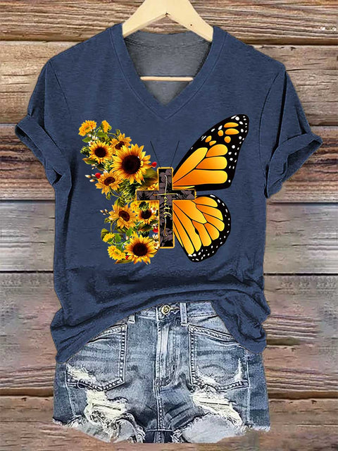 Women's Sunflower Butterfly Faith V-neck Casual T-Shirt