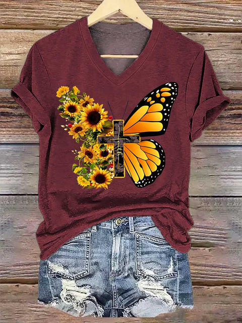 Women's Sunflower Butterfly Faith V-neck Casual T-Shirt