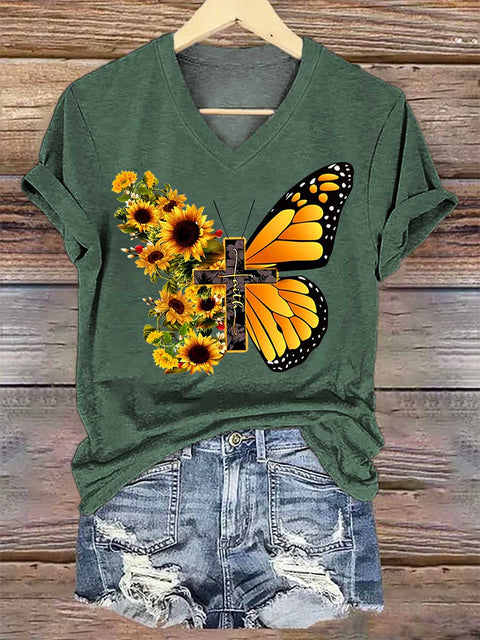 Women's Sunflower Butterfly Faith V-neck Casual T-Shirt