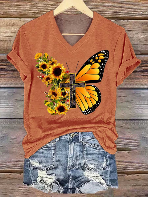 Women's Sunflower Butterfly Faith V-neck Casual T-Shirt