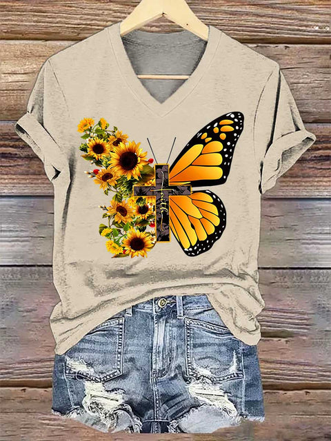Women's Sunflower Butterfly Faith V-neck Casual T-Shirt