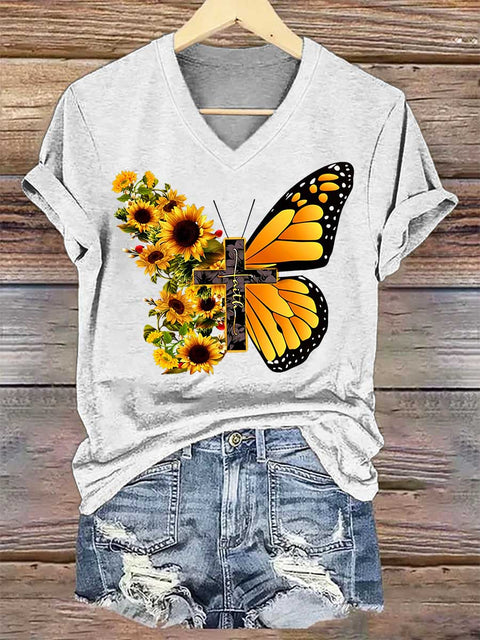 Women's Sunflower Butterfly Faith V-neck Casual T-Shirt