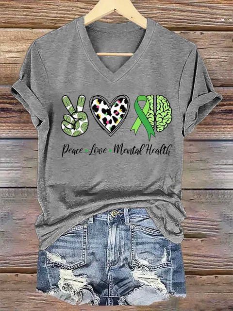 Women's Peace Love Mental Health V-neck Casual T-Shirt