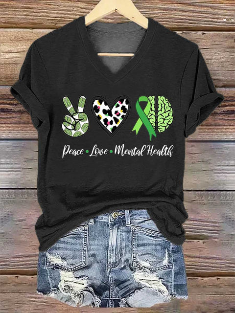Women's Peace Love Mental Health V-neck Casual T-Shirt