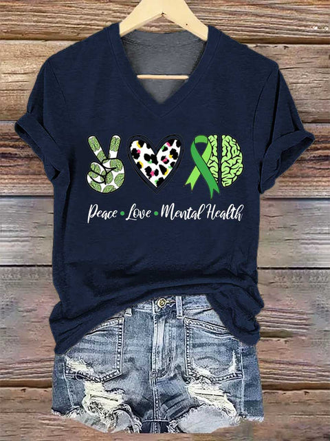 Women's Peace Love Mental Health V-neck Casual T-Shirt